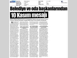 BASINDA BAROMUZ (Mersin Barosu Başkanı Av. Ali ER,  ‘10 Kasım Atatürk’ü Anma Günü’ nedeniyle yazılı mesaj yayımladı.)