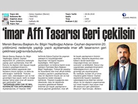 BASINDA BAROMUZ (Baro Başkanımız Bilgin Yeşilboğaz: "İmar Affı Yasa Tasarısı Geri Çekilmelidir)