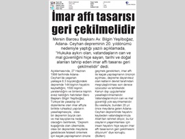 BASINDA BAROMUZ (Baro Başkanımız Bilgin Yeşilboğaz: "İmar Affı Yasa Tasarısı Geri Çekilmelidir)