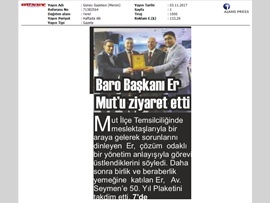 BASINDA BAROMUZ (Baro Başkanı Av. Ali Er, Mut Avukatlar Odası'nı Ziyaret Etti)