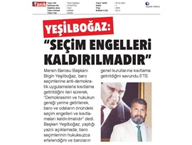 Başkanımız Yeşilboğaz'dan, Baro seçimlerine kısıtlama getirilmesine tepki