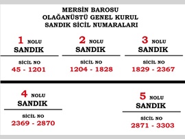 MERSİN BAROSU OLAĞANÜSTÜ GENEL KURUL SANDIK SİCİL NUMARALARI