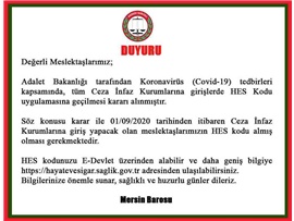 CEZA İNFAZ KURUMLARINA GİRİŞTE HES KODU UYGULAMASI ZORUNLU OLDU