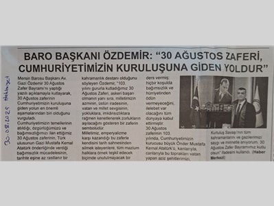 Baro Başkanımızdan  30 Ağustos Zafer Bayramı Mesajı