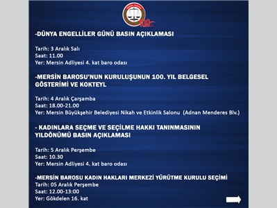 MERSİN BAROSU'NUN KURULUŞUNUN 100. YIL ETKİNLİKJ TAKVİMİ