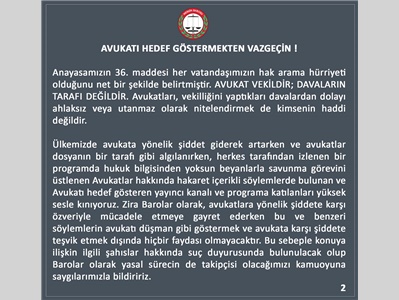 81 İLİN BAROSU ORTAK AÇIKLAMA YAPTI: "AVUKATI HEDEF GÖSTERMEKTEN VAZGEÇİN !"