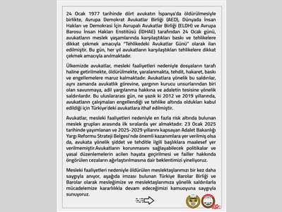 TÜRKİYE BAROLAR BİRLİĞİ VE 81 BARO ORTAK AÇIKLAMA YAPTI