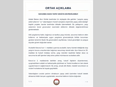 BAROLAR ORTAK AÇIKLAMA YAPTI: " SAVUNMA HAKKI YAPAY ZEKAYA DEVREDİLEMEZ"