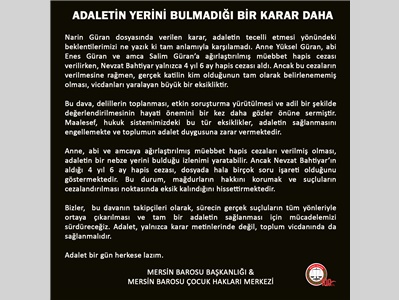 NARİN GÜRAN DAVASININ KARAR DURUŞMASI YAPILDI
