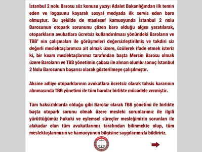 AVUKATLARA ÜCRETSİZ OTOPARK TAHSİSİNE İLİŞKİN DETAYLI AÇIKLAMA