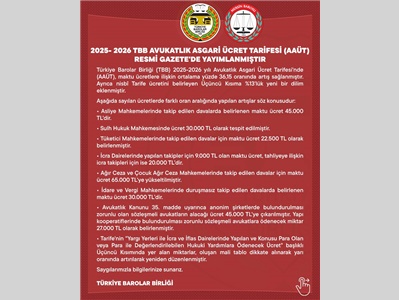 2025-2026 TBB AVUKATLIK ASGARİ ÜCRET TARİFESİ RESME GAZETE'DE YAYIMLANDI