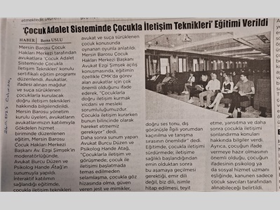 Avukatlara, "Çocuk Adalet Sisteminde Çocukla İletişim Teknikleri" eğitimi verildi
