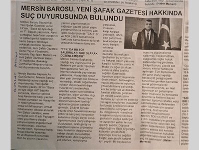 Mersin Barosu, Yenişafak Gazetesi hakkında suç duyurusunda bulundu