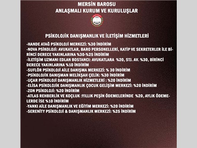 MERSİN BAROSU'NUN ANLAŞMALI OLDUĞU KURUM VE KURULUŞLAR